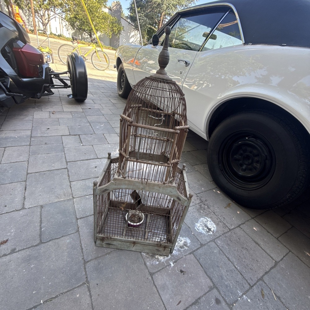 VTG VICTORIAN CATHEDRAL BIRD CAGE WOOD & WIRE MID CENTURY DOME BIRD CAGE 34X14X9
